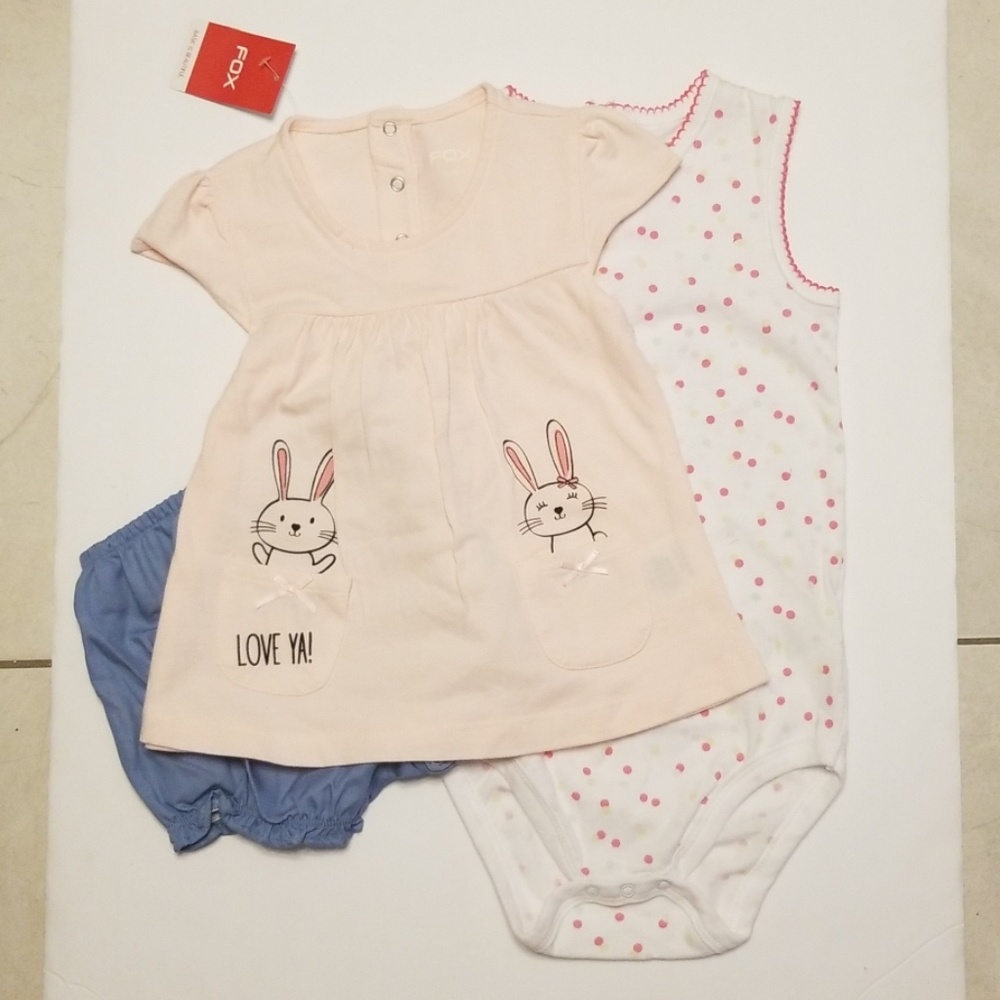 Fox 3 PC pink rabbit dress, blue shorts & onesie